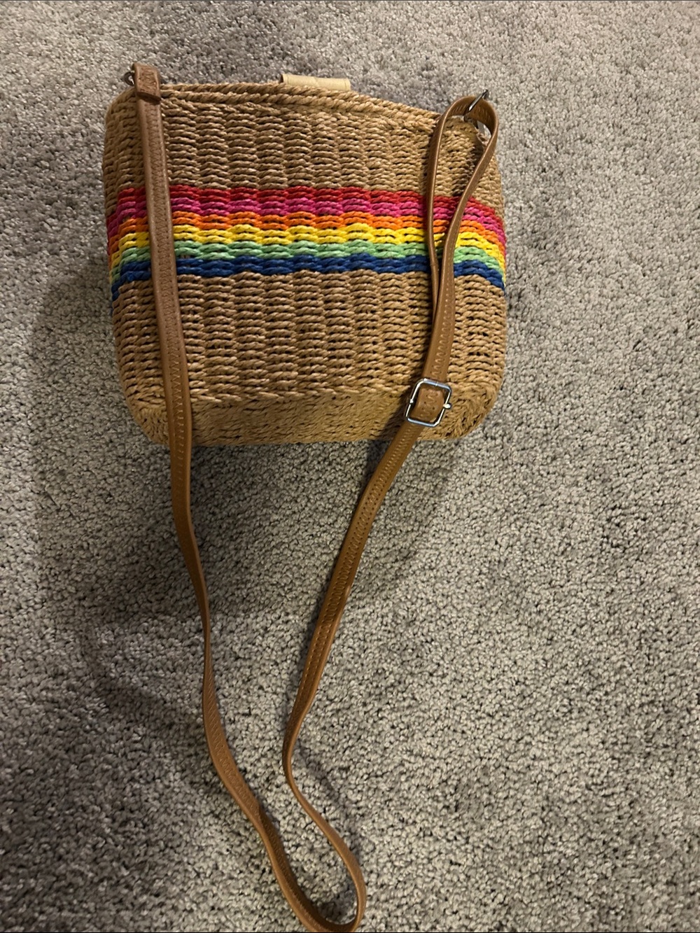 Woven Straw Rainbow Stripe Tote Bag - Natural - Picture 3 of 3